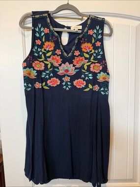 Umgee Navy Sleeveless Mini Dress with Multicolor Floral Embroidery